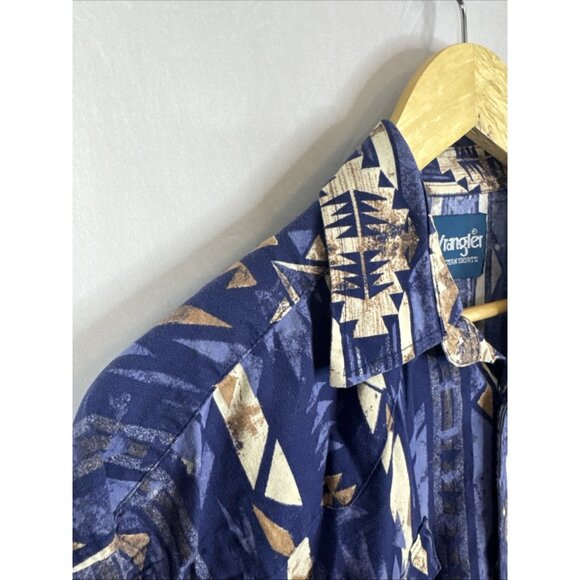 Vintage Wrangler Western Shirt Aztec Southwestern Blue Brown 90s Men 2XL - Picture 3 of 5